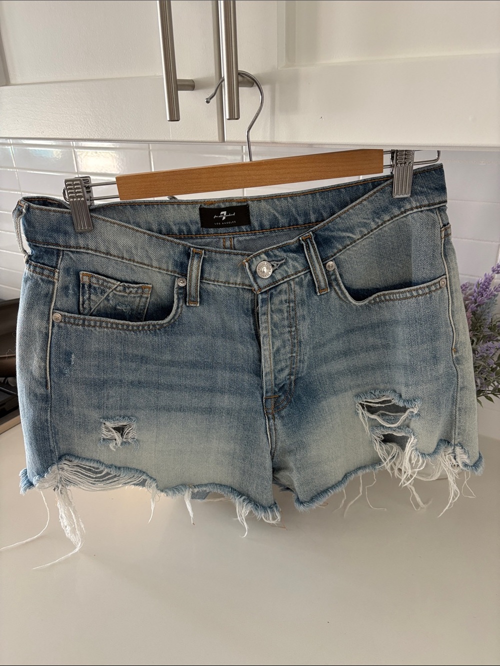 7 For All Mankind Light Blue Distressed Denim Shorts